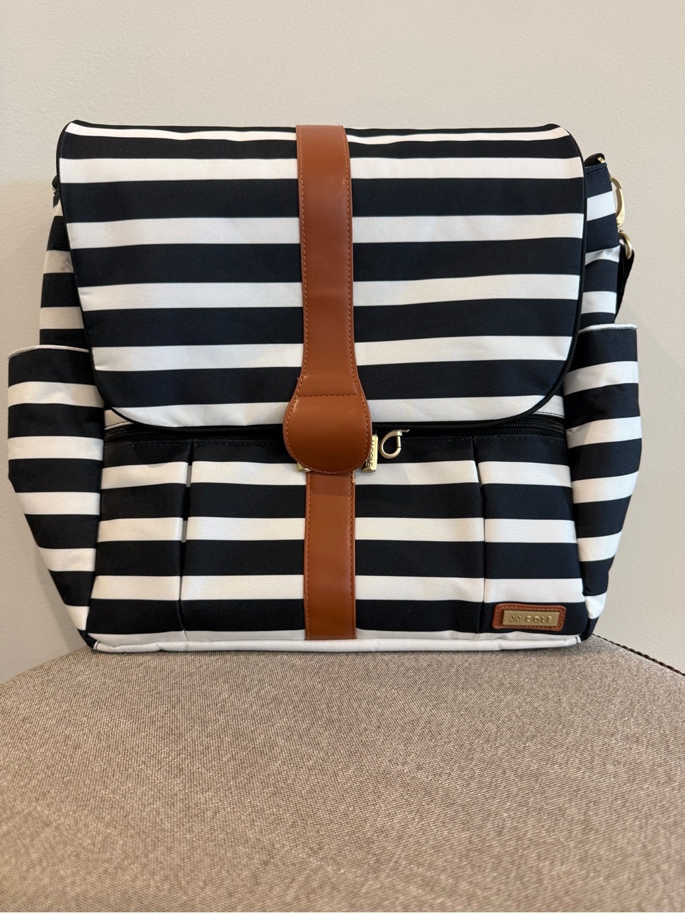 JJ Cole Black & White Striped Diaper Bag with Brown Trim